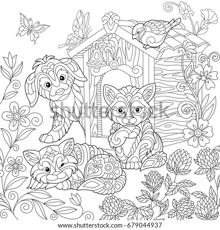 Download Coloring Page Puppy Cat Sparrow Bird Stock Vector ...