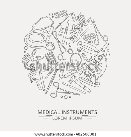 Medical illustration with medical instruments, poster design or backdrop. Set of medical tools, background vector. Health care logotype. Flat thin line icon, modern style