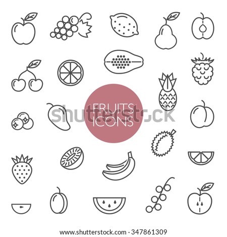 Line icon collection. Set of different fruits and berries icons on a white background. Vector design elements for web and mobile