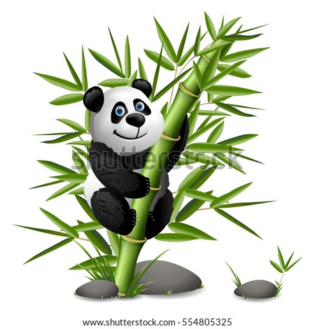 Smiling cartoon panda hanging on bamboo. Vector clip art illustration.