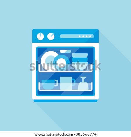 Vector Cartoon Dishwasher Flat Style Image Long Shadow Icon Template Drawing Vector Cartoon Dishwasher Flat Style Image Long Shadow Icon Template Drawing