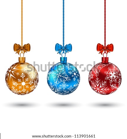 Illustration Christmas multicolor balls with bows isolated on white background - vector