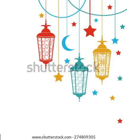 Illustration Ramadan Kareem Background with Lamps (Fanoos), Crescents and Stars - Vector