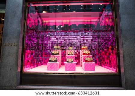 MILAN, ITALY, MARCH 28, 2017 - Shop window of a Gucci shop in Milan - Montenapoleone area, Italy. Gucci Bags Spring Summer 2017 Collection.