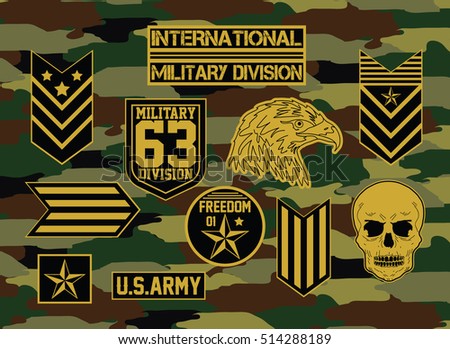 Military set of army badge typography, t-shirt graphics, vectors