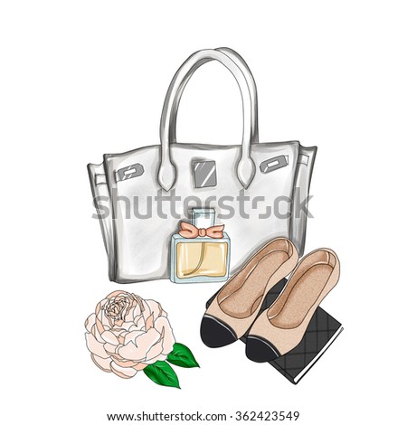 Hand drawn raster background - designer bag and flat shoes