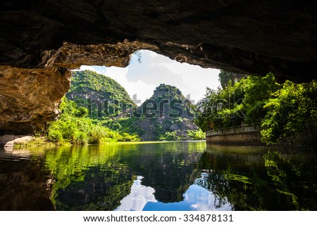 Trang An, Tam Coc, Ninh Binh, Viet nam. It's is UNESCO World Heritage Site, renowned for its boat cave tours. It's Halong Bay on land of Vietnam