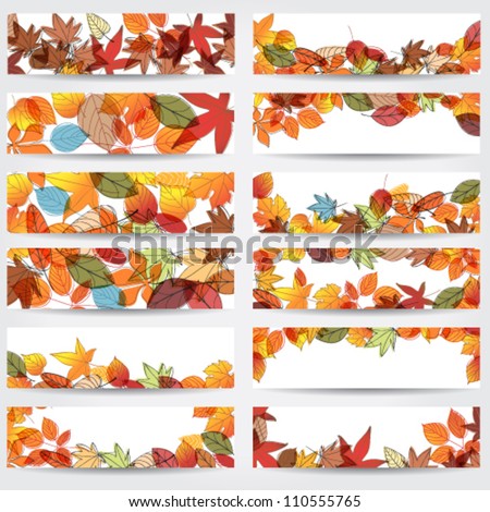 Vector large set of colorful, hand drawn style autumn leaves banners illustration