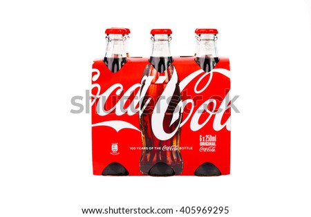 TRIESTE,ITALY -April 14, 2016, Package of six glass bottles of Coca-Cola Classic.Isolated on white Background. Coca Cola, Coke is the most popular carbonated soft drink beverages sold around the world