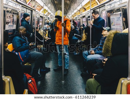 New York, Usa - March 18 2017: Passengers riding in the NYC Subway in the rush hour.
