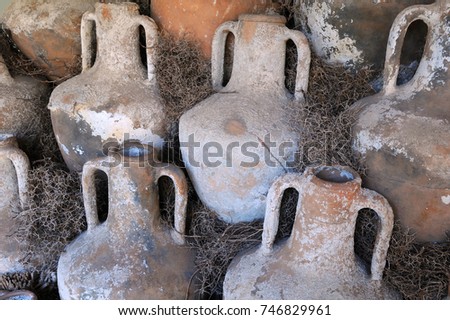 Closeup image of ancient supposedly Phoenician amphoras in Turkey