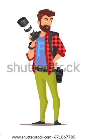 Vector cartoon style character of photographer. Isolated on white background.