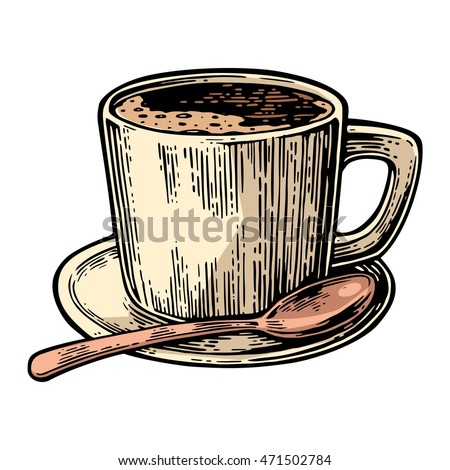 Cup Of Coffee With Saucer Spoon Hand Drawn Sketch Style Vintage Color Vector Cup Of Coffee With Saucer Spoon Hand Drawn Sketch Style Vintage Color Vector