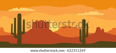 Panorama mountains and sunset sky with clouds and cactus. Vector flat color illustration. For horizontal banner
