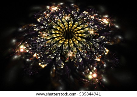 Abstract glowing yellow and beige flower on black background. Fractal art. 3D rendering.