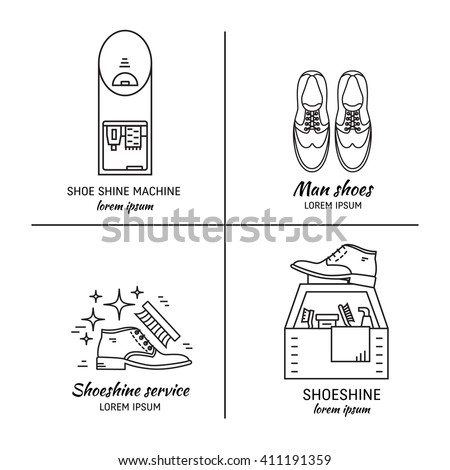 Vector set of logo design templates, for shoeshine service. Man shoes, shoe care equipment, shoe shine machine. Outline icon for shoe care in trendy linear style.