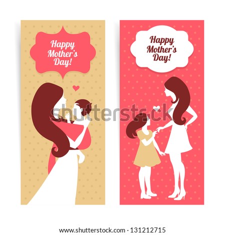 Happy Mother's Day. Banners of beautiful silhouette of mother and baby in vintage style