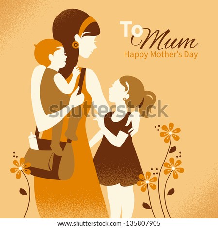 Beautiful mother silhouette with her children. Cards of Happy Mother's Day