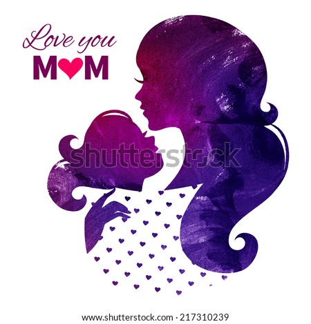 Card of Happy Mothers Day. Beautiful mother silhouette with her daughter. Watercolor vector illustration