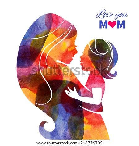Watercolor mother silhouette with her baby. Card of Happy Mothers Day. Vector illustration with beautiful woman and child
