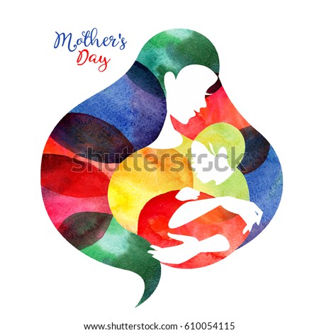 Watercolor mother silhouette with her baby. Card of Happy Mothers Day. Vector illustration with beautiful woman and child