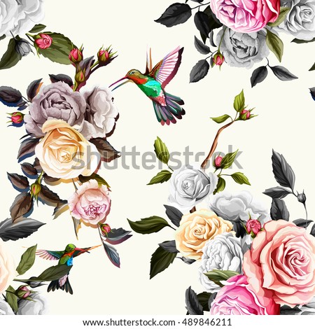 Humming bird, roses and peony with leaves on white. Pastel Watercolor. Seamless background pattern. Vector - stock.