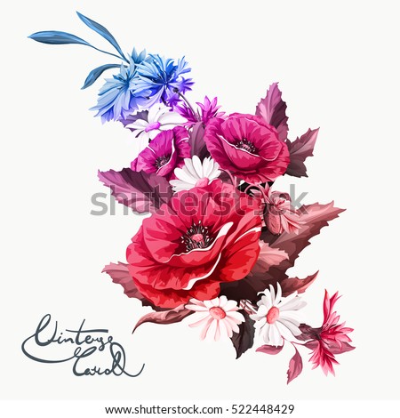 Vintage bouquet of poppy flowers with chamomile (camomile), leaves and cornflowers. Vintage style. Vector stock