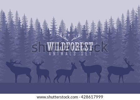 Vector illustration with trees and deer silhouettes