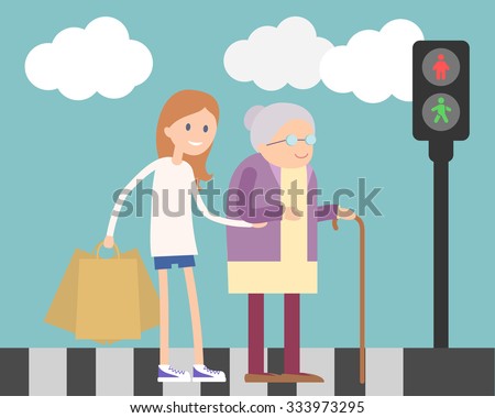 Girl Helps Old Lady Crossing Road Stock Vector 328732280 - Shutterstock