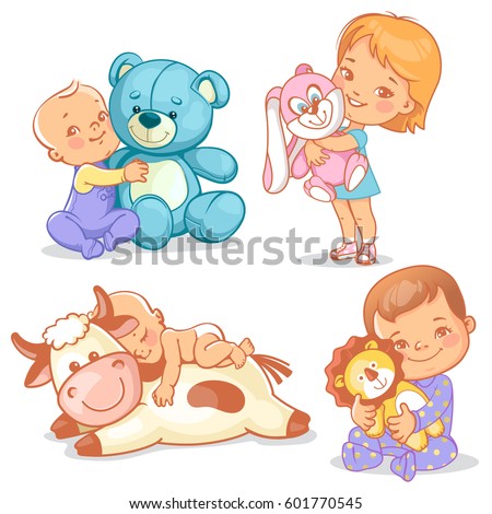 cute kids with plush toys. Boy hold teddy bear. Baby sleep on big toy cow. Happy girl play with soft toy rabbit. Toddler with plush lion friend.