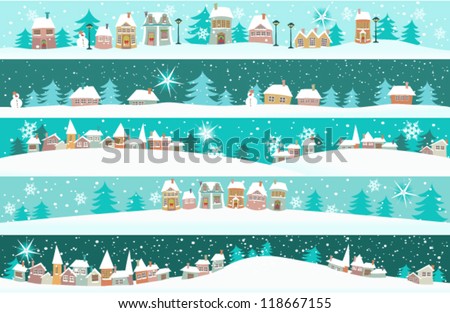 Winter banners with cartoon houses