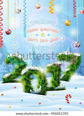 New Year 2017 of christmas tree twigs in snow. Winter landscape with pine branches, decoration, congratulation. Vector image for new years day, christmas, winter holiday, new years eve, silvester, etc