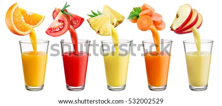 Fresh juice pours from fruit and vegetables into the glass isolated on white background. Full resolution images # 531111286, 531111502, 531111292, 531111310, 531111295