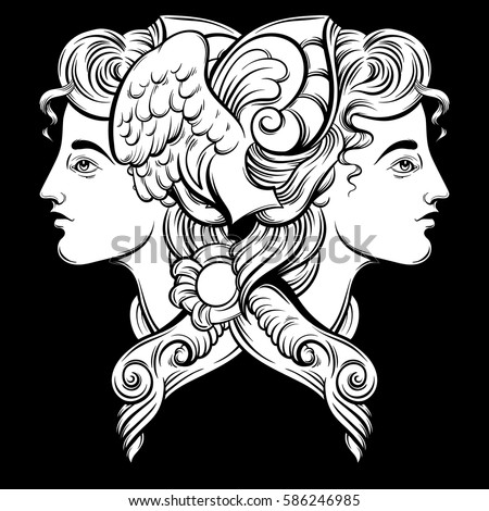 Vector illustration of Hermes. Hand drawn artwork with portrait of Hermes with wings and decorative elements. Template for card, poster, banner, print for t-shirt.