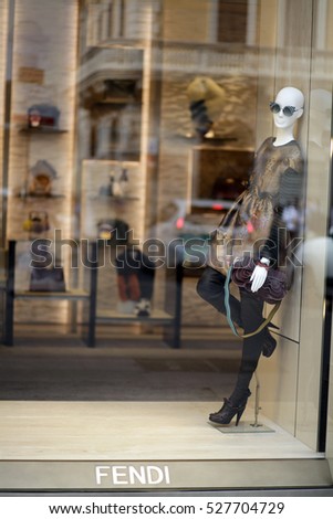 ROME, ITALY - 17 OCTOBER 2016: Fendi shop window on Via del Corso, main shopping street in Rome, Italy