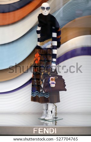 ROME, ITALY - 17 OCTOBER 2016: Fendi shop window on Via del Corso, main shopping street in Rome, Italy