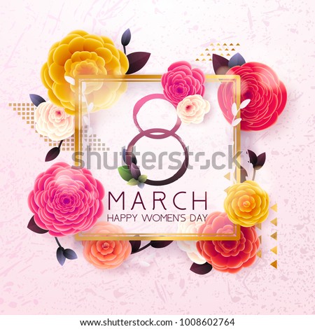 8 March Happy International Women`s Day background. Floral Greeting card, Paper cut flowers and leaves, holiday pattern, trendy Frame. Paper art Design, drawn vector Template, Banner, decor. 