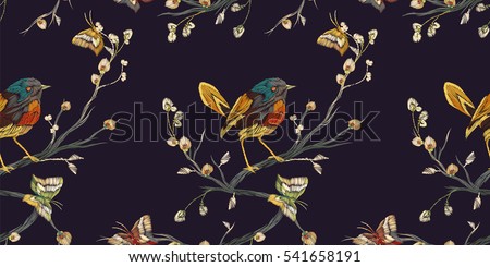Vintage Seamless pattern: bird, butterfly and flower, leaf, branch, isolated on black background. Imitation embroidery. Hand drawn vector illustration, separated editable elements.