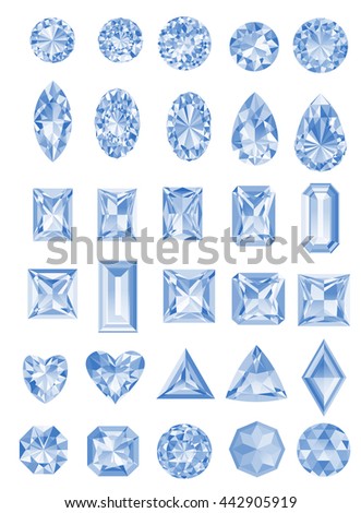 Set of realistic jewels isolated on white background with different cuts. Princess cut jewel. Round cut jewel. Emerald cut jewel. Oval cut jewel. Pear cut jewel . Heart cut jewel.