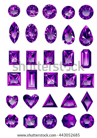 Set of realistic purple amethyst jewels isolated on white background with different cuts. Princess cut jewel. Round cut jewel. Emerald cut jewel. Oval cut jewel. Pear cut jewel . Heart cut jewel.