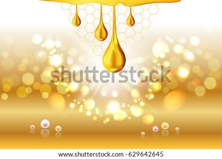 Golden yellow honey light shiny oil drops pearls and empty place for objects. Gradient mesh. Abstract sparkle swirl bokeh light background. Cosmetic lotion or liquid. Vector illustration stock vector.