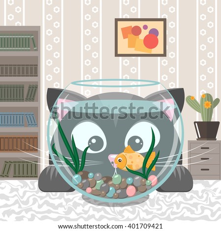 Black cat is looking at the fish in an aquarium