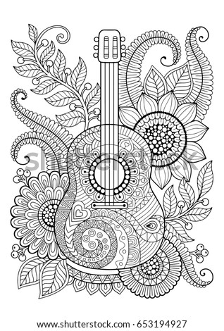 Coloring Page For Adult Antis Tress And Relax Meditation Guitar With Black