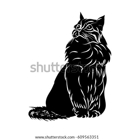 Fluffy Cat Black Silhouette On White Stock Vector 609563351 - Shutterstock