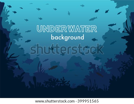 Underwater Background with Fishes, Sea plants and Coral Reefs