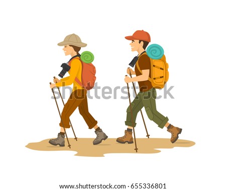 Man Woman Couple Hikers Traveling Trekking Stock Vector 655336801 