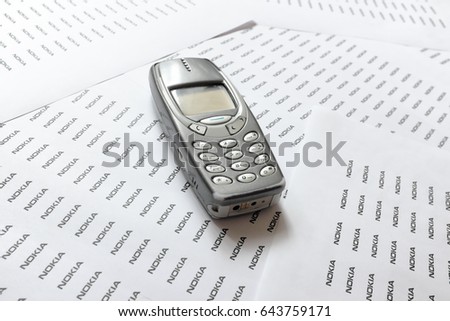 Prague, Czech Republic - May 20: the old Nokia 3310 on May 20, 2017 in Prague, Czech Republic.