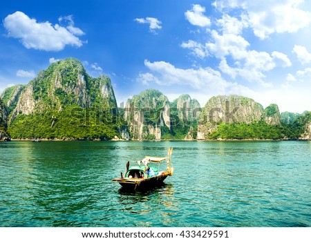 HALONG bay in vietnam. UNESCO World Heritage Site. This view from TiTop island and its most popular view for travel in Halong bay.