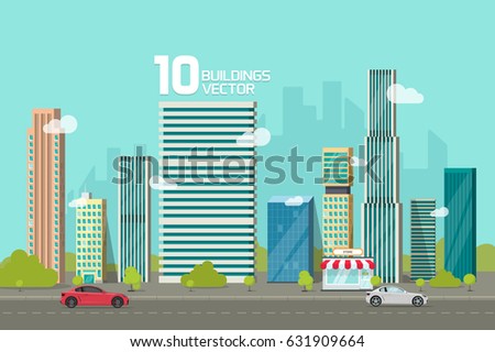 City Buildings Along Street Road Vector Stock Vector 631909664