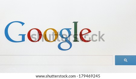 Moscow, Russia - February 27, 2014: Detail of front-page search engine Google. Google is one of the most popular search engines.